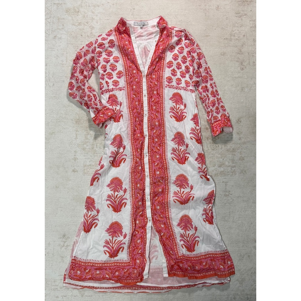 Bella Tu Pink Orange Block Print Cotton Maxi Shirt Dress Long Sleeve Large